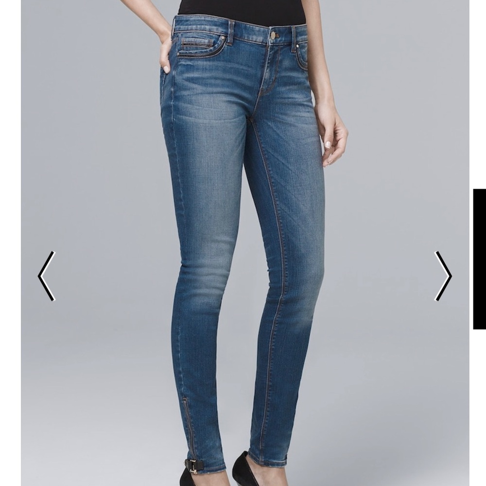 White House Black Market faux leather trim denim